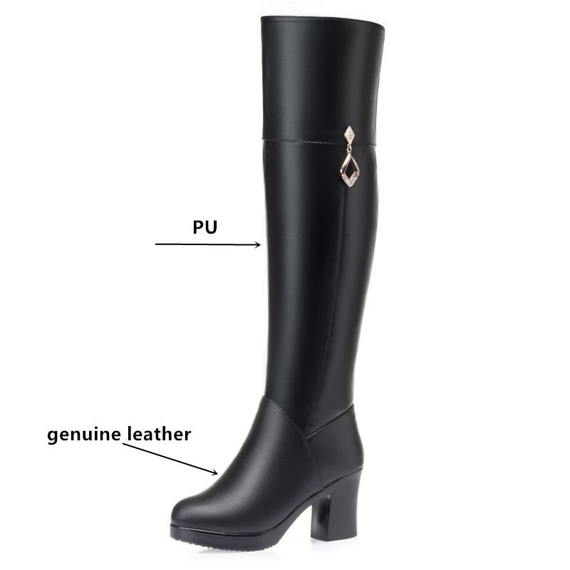 Women's Over The Knee Boots Natural Wool Genuine Leather Women Winter Boots Warm High-heel Women Motorcycle Boots