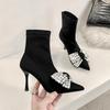 Short Boots 2025 Autumn and Winter New Rhinestone Pointed High Heel Boots Women's Fine Heel Fashion Versatile Elastic Boots Women's Boots