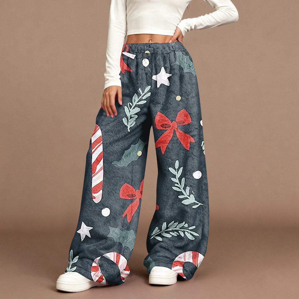Women's Casual Fashion Christmas Print Elastic Waist Loose Plush Wide Leg Pants