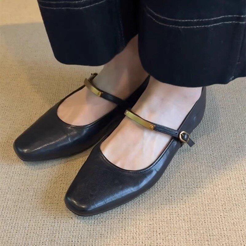 Fashion Mary Jane Shoes Female Genuine Leather New Style Luxury Ballet Shoes Women Square Toe Flat Cowhide Ladies Shoes Zapatos Mujer