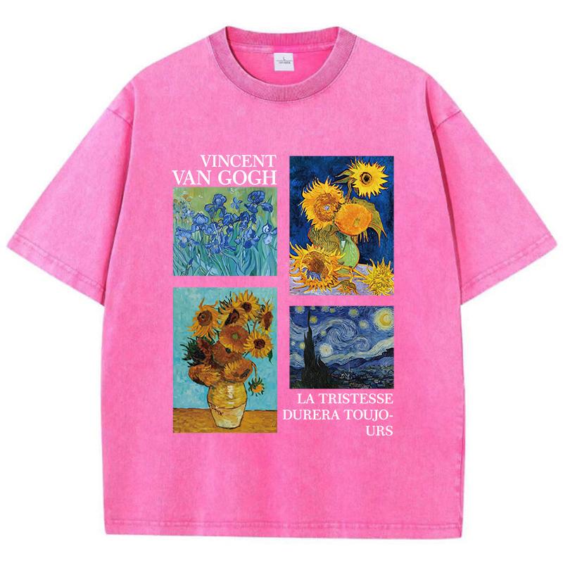 Cotton Women Acid Wash T-Shirts Van Gogh La Tristesse Durera Toujours Prints Tees Oversize O-Neck Distressed Tops