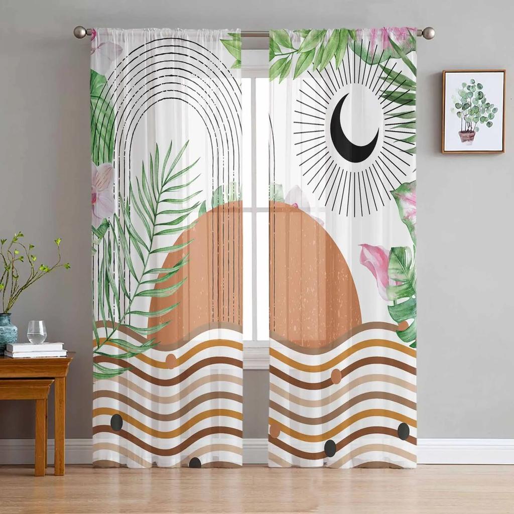 Boho Abstract Leaves Plants Tulle Curtains For Living Room Sheer Curtain For Bedroom Kitchen Blinds Voile Curtains