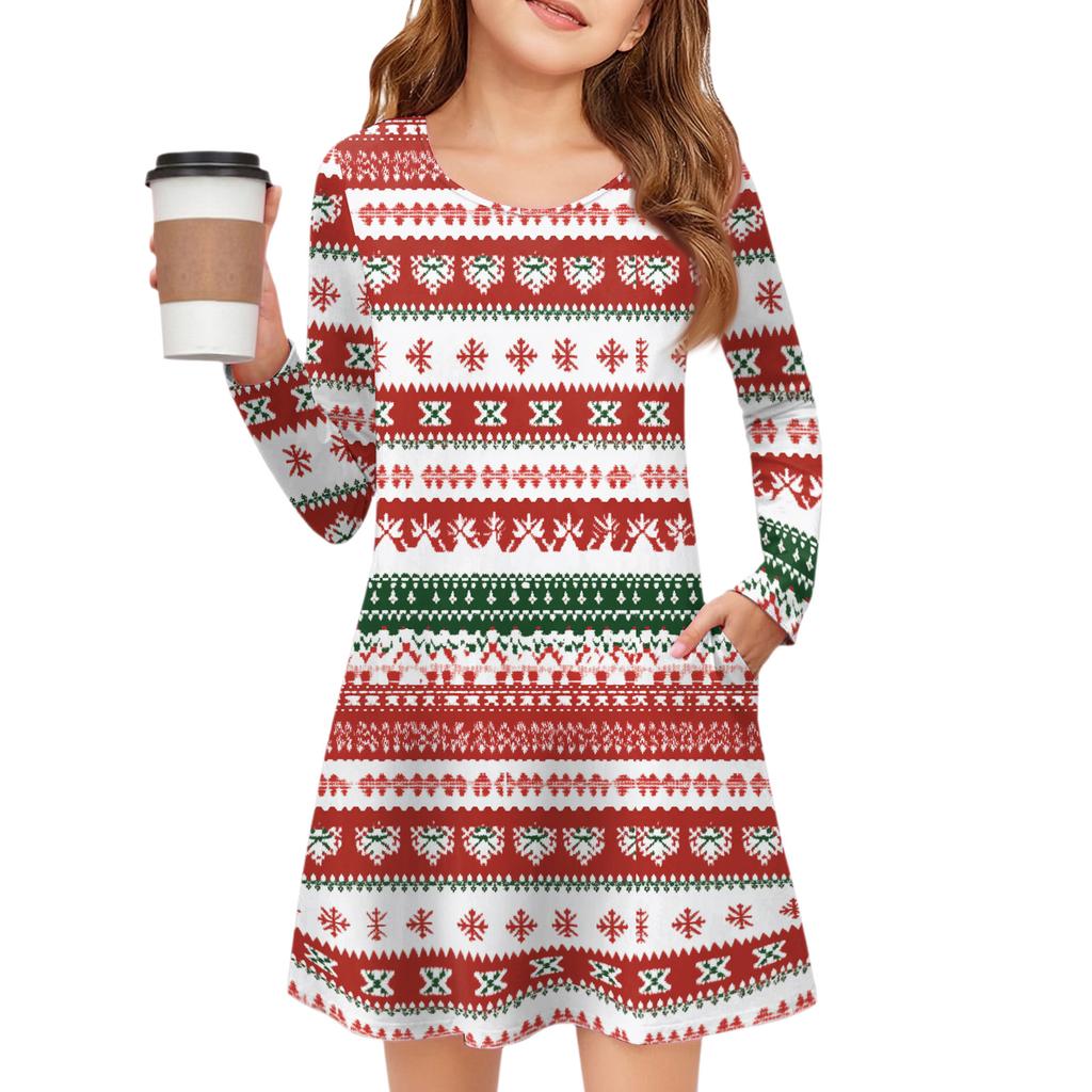 Christmas Day Girls' Long Sleeve Dress - Color Pocket Dress