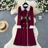Autumn Winter Women Elegant Turn-down Collar Double Breasted Knitted Sweater Office Work Long Midi Dresses with Belt