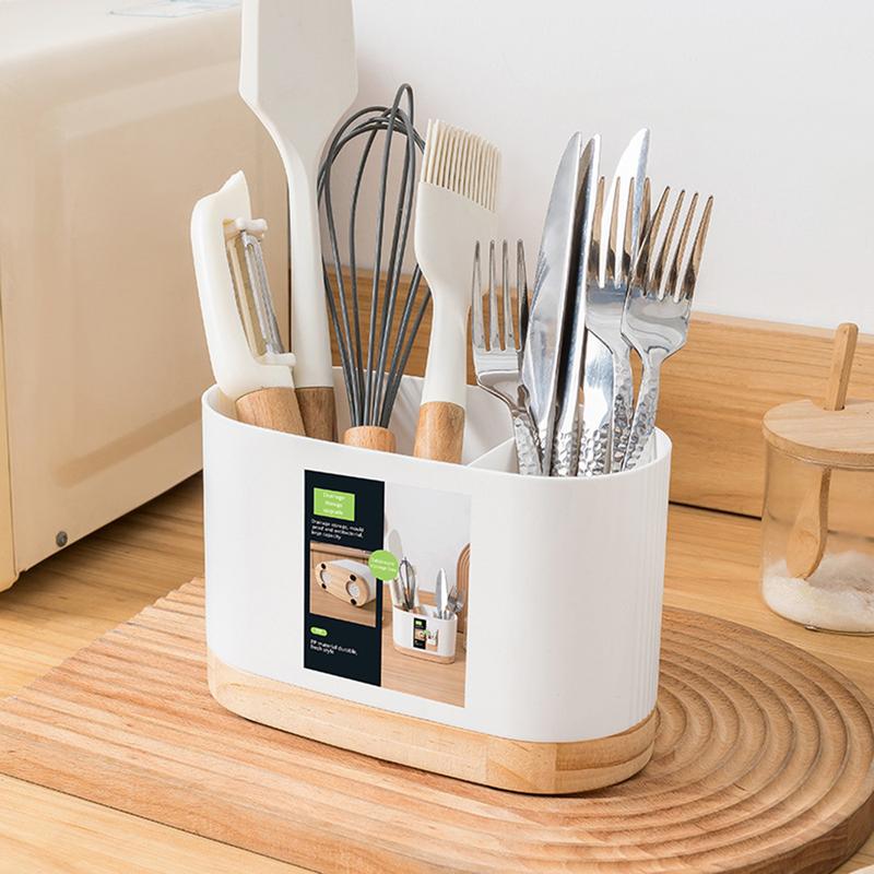 Kitchen Tableware Storage Bucket Utensil Holder Cutlery Drainer Plastic Chopstick Spoon Storage Rack with Wooden Base