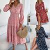 Fashion Women's Dresses Elegant Floral V-Neck Long Sleeve Waisted Ruffle A-Line Dresses