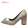 Aphixta Bling Crystal Bow 7cm Heels Pumps Women Butterfly-knot Pointed Toe Flock Suede Shoes Super Big Size 35-53
