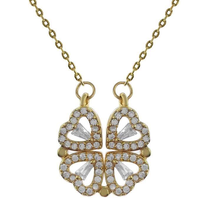 Gold-tone Steel and Rhinestone Clover Heart Necklace