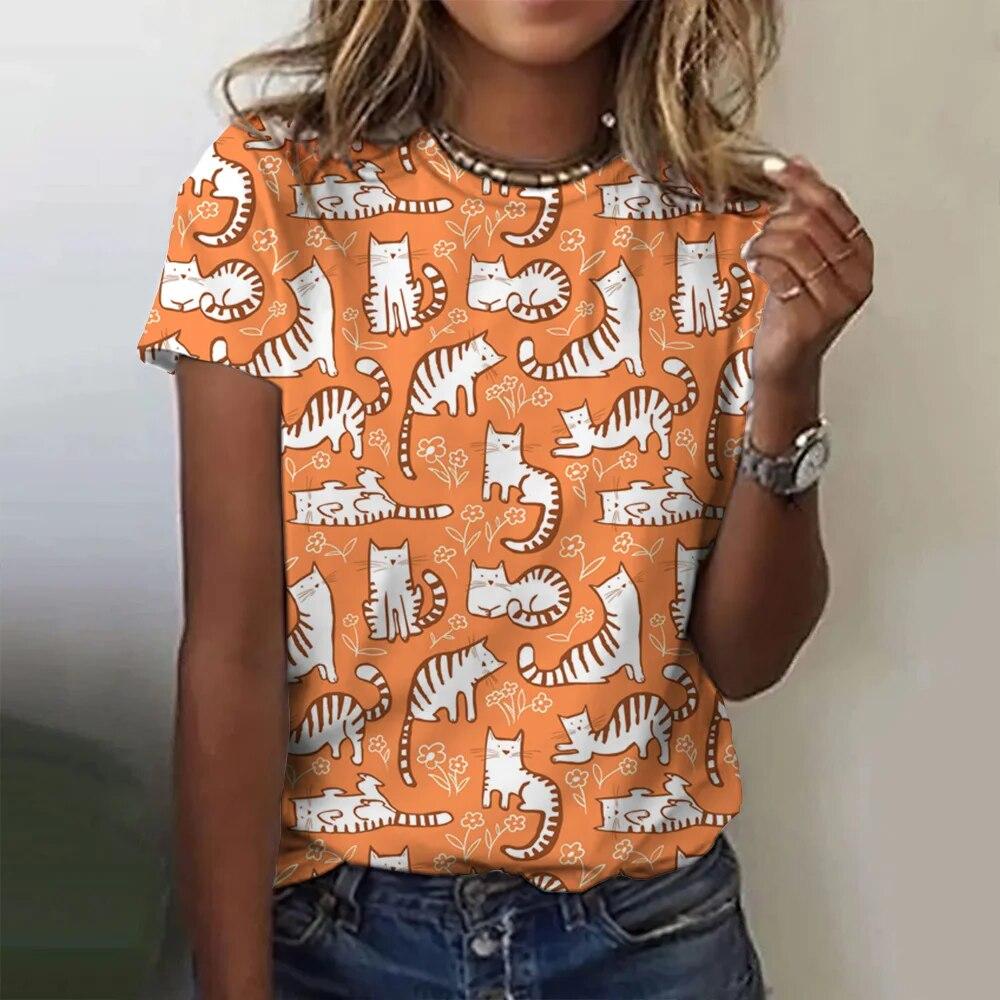 Summer Round Neck Cartoon Cat Pattern 3D Print Top Fashionable Casual Short Sleeved Women's T-shirts