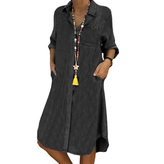 Women Dress Elegent Beauty Lady Dress Collar Splicing Summer Midi Long Lady Pocket Button Denim Loose Lapel Dress