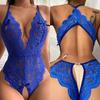 Lenceria Mujer Sexi One Pieces Open Bra Underwear For Sex Women Blue Deep V Crotchless Lingerie Sets Lace Transparent Bodysuits