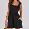 Women's Sleeveless Smocked Rompers Casual Square Neck Ruffle Strap Flowy Short Jumpsuit with Pockets Summer Beach Outfit