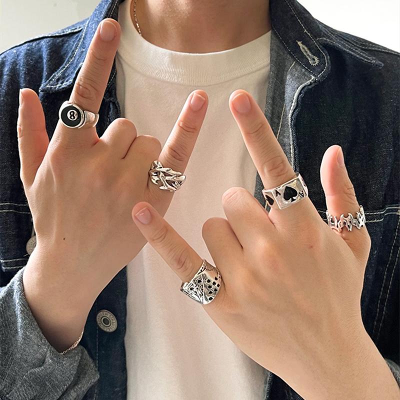 1Set Vintage Gothic Heart Rings Set For Women Men Punk Playing Card Spades Geometric Hollow Butterfly Ring Retro Finger Ring Jewelry