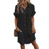 Summer Women Dress Turn-down Collar Single-breasted Loose Short Sleeves Loose Solid Color Patch Pocket Knee Length Commute Leisure Midi Dress