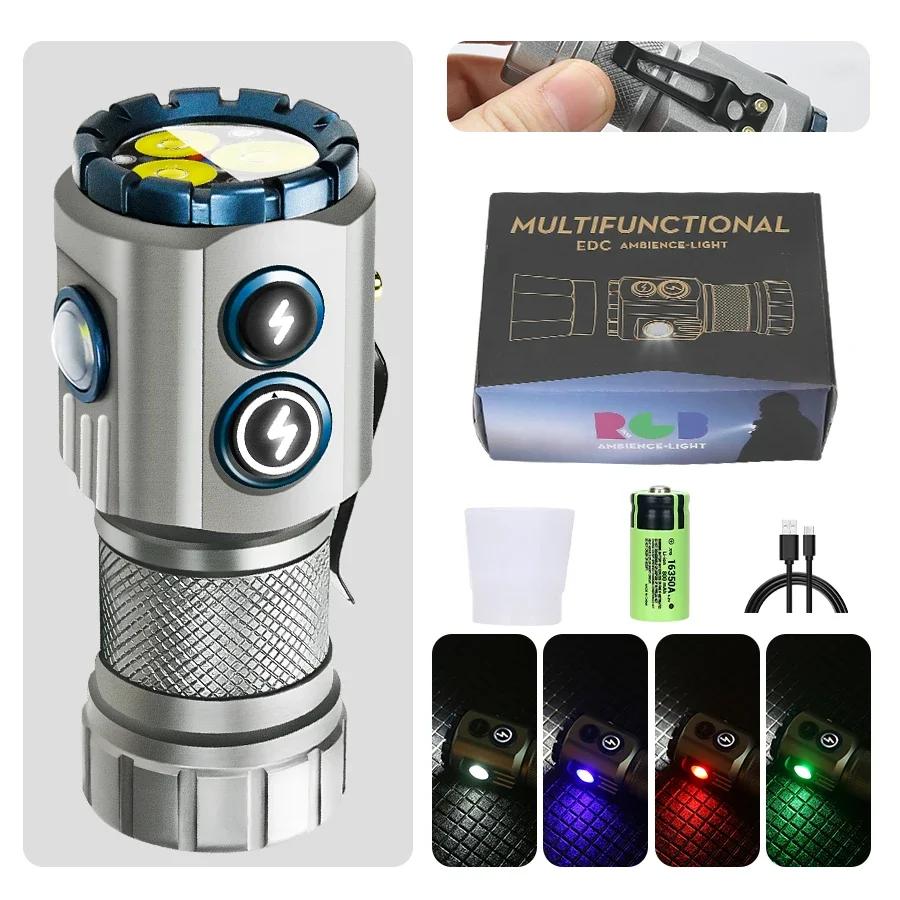 Powerful Mini LED Flashlight with RGB Light Al Alloy Pocket Torch Rechargeable Waterproof Hiking Camping Flash Light with Magnet