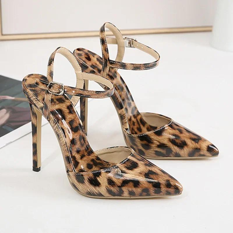 Temperament Pointed Leopard Print 12CM Thin Heels Sandals Cover Toe  Patent Leather Buckle Strap Stilettos Women Shoes Summer
