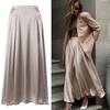 Women Maxi Skirt Silky Stain Loose Elastic High Waist Zipper Closure A-line Big Swing Pleated Solid