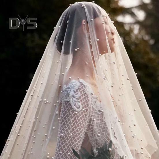 Bridal Veil with Faux Pearl Embellishment White Mesh Single Layer Wedding Veil Bridal Headpiece Hair Accessories