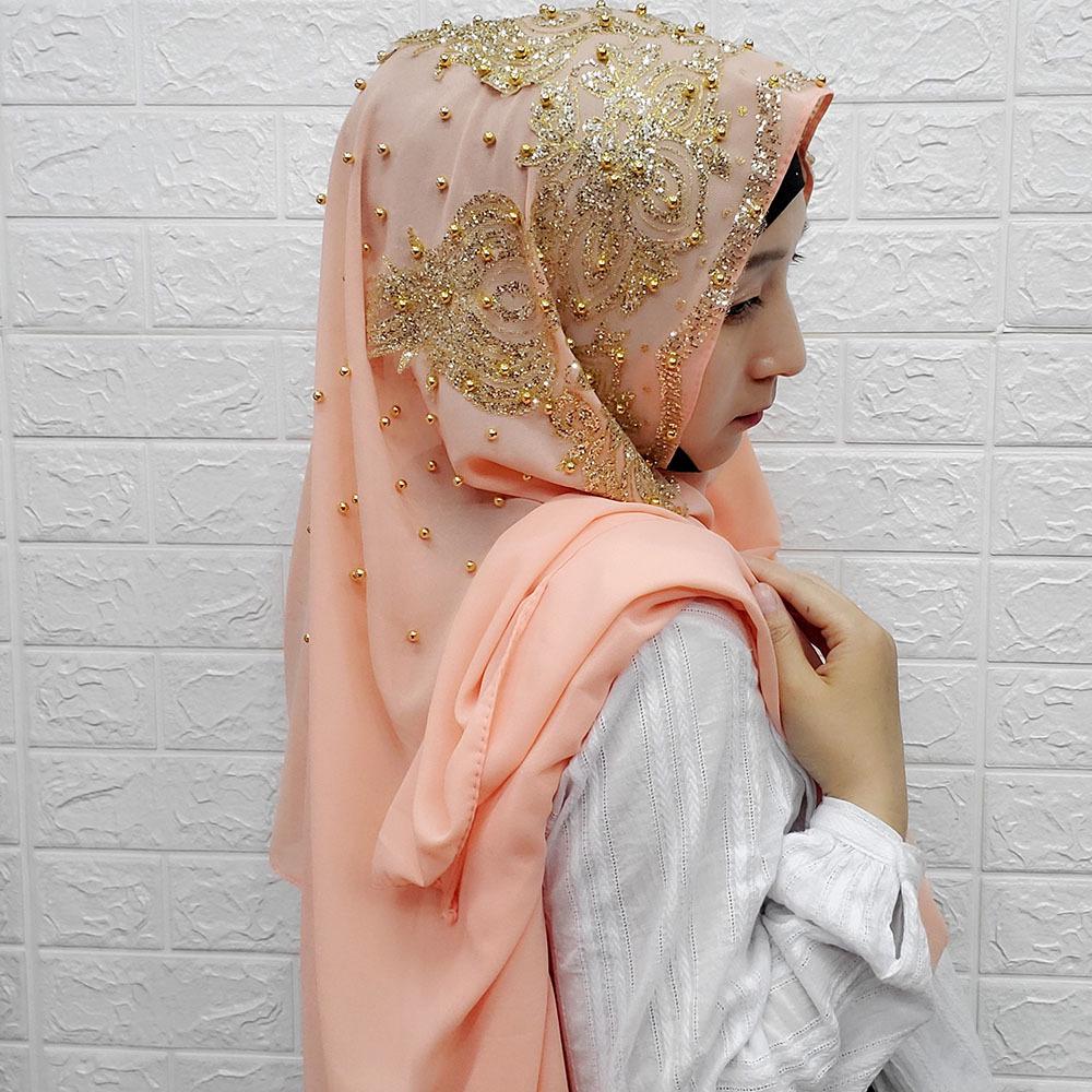Rhinestone Beaded Chiffon Headscarf: Breathable Sun Protection Muslim Wrap In Ethnic Style