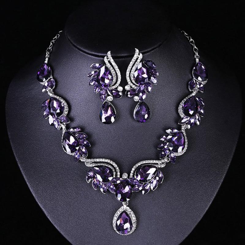 European and American Gemstone Jewelry Set: Fashion Bridal Necklace & Earrings for Women