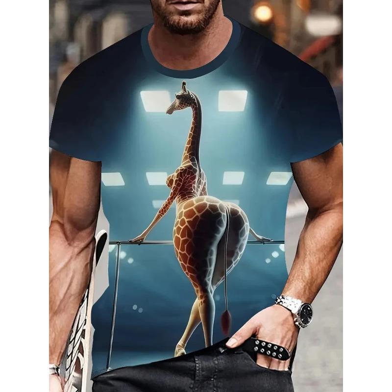 Summer Round Neck 3D Giraffe Graphic Print Top Fashionable Casual Short Sleeved Men's T-shirts