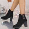 Autumn and Winter New Thick Heel Large Size Side Zipper Pendant Short Boots Women's High Heel Martin Boots