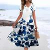 Women's Summer Casual Fashion Print Pocket Short Sleeve V-Neck Swing Dress