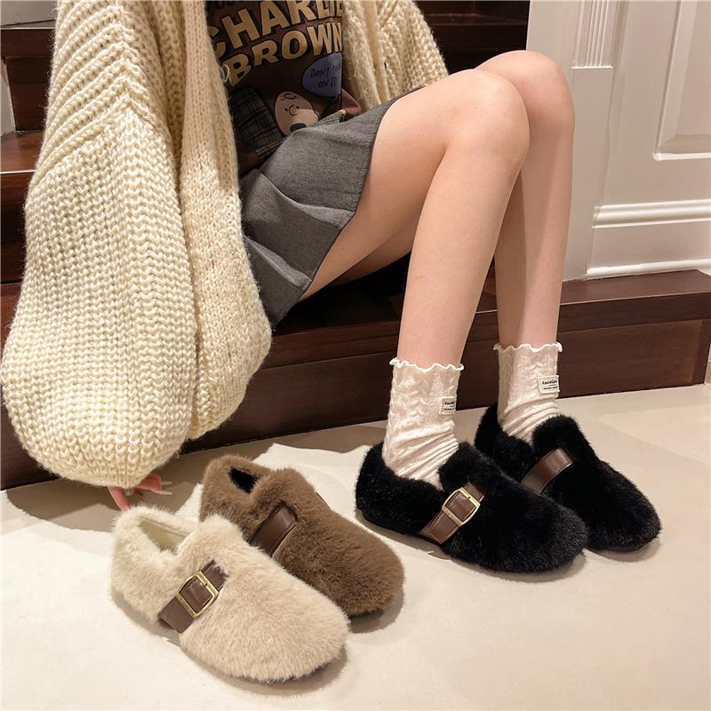 Fashion Faux Fur Women Casual Female Sneakers White Leather Shoes Slip-on Loafers Fur Soft Moccasin Slip On New Winter Soft Ballet Flats