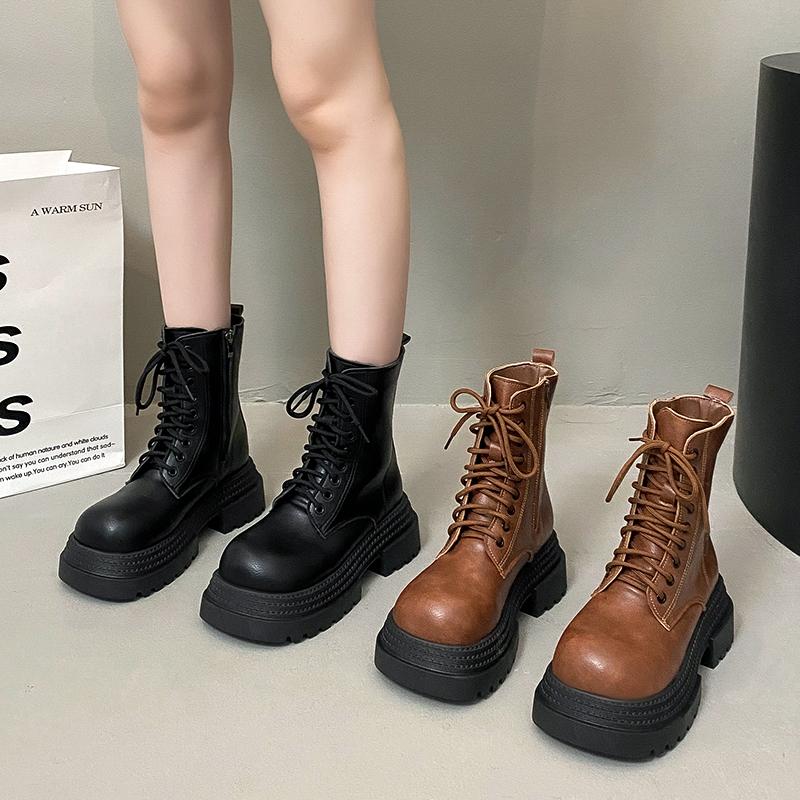 Vintage Platform Thick Bottom Women Motorcycle Boots Fashion Autumn Winter Female Height Increase Short Booties
