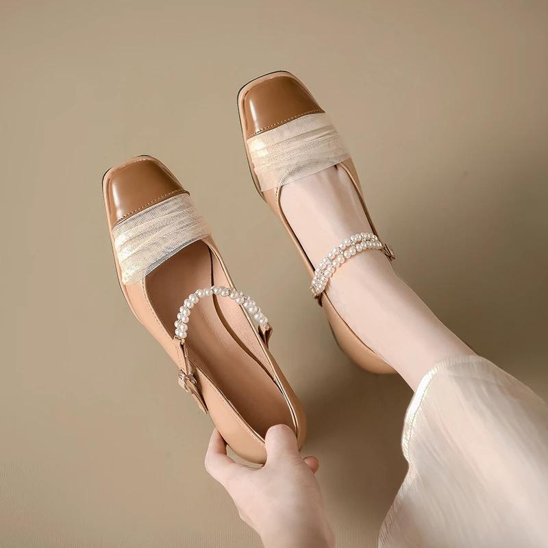 Fashion Elegant Mary Janes Shoes New Designer Square Toe Lace Pearls Buckle Strap Shallow Mid Thick Heeled Pumps Women