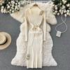 Spring Autumn Square Collar 3D Flower Knitted Sweater Dress Women Long Sleeve Slim Bodycon Sheath Pullover Dresses
