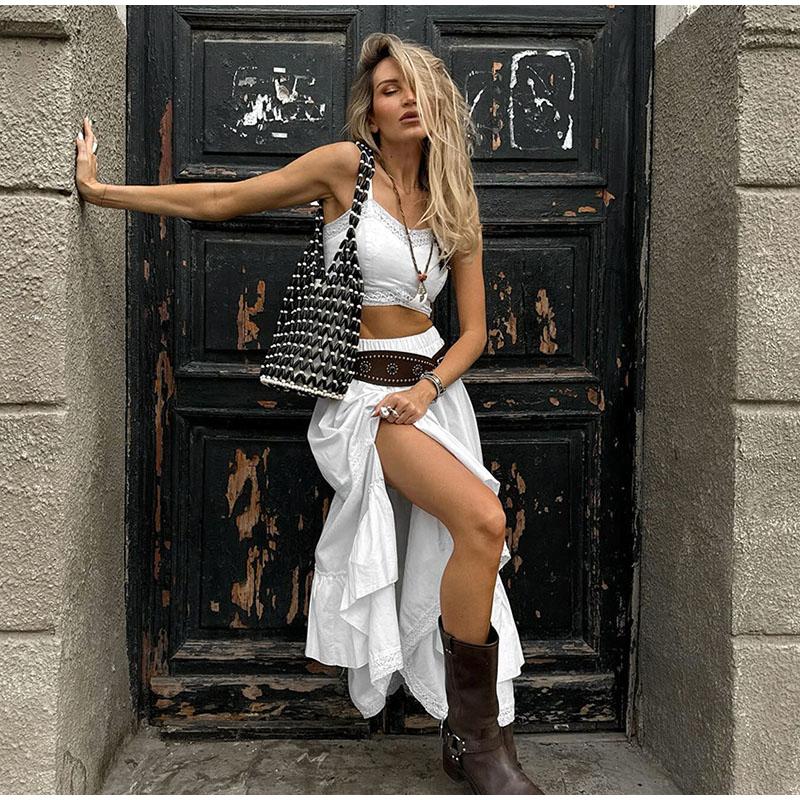 Summer Lace White Cotton and Linen Women's Suit Holiday Beach Suspender Square Neck Short Top + Mid Skirt Two-piece Set