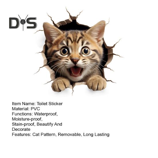 Through-wall Cat Toilet Sticker Waterproof Removable Self-adhesive PVC Living Room Bathroom Wall Art 3D Effect Simulation Kitten Toilet Seat Lid