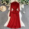 Autumn Winter Women Elegant Polo Collar Knitted Sweater Red Long Midi Pullover Dresses