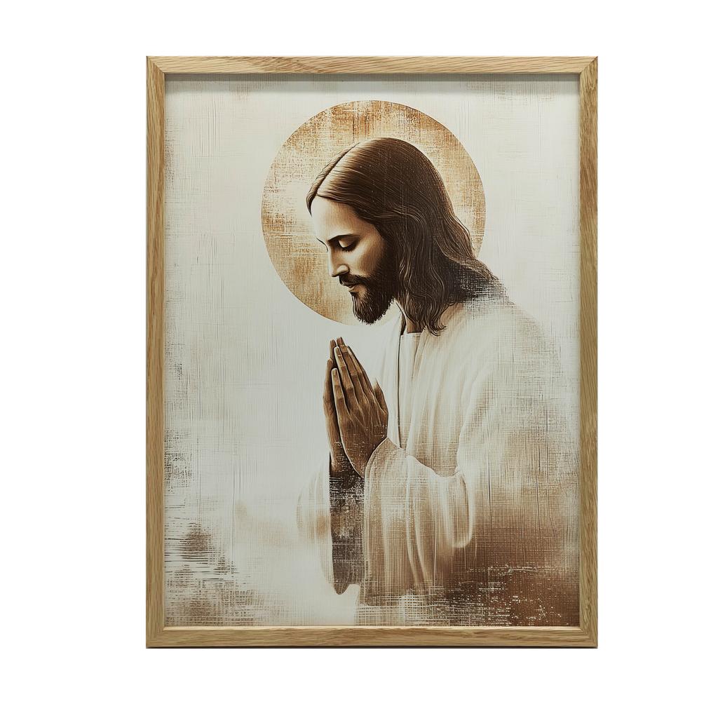 Jezus W Modlitwie - Złota Aureola Jezus W Modlitwie - Złota Aureola, 40X50 Cm, Rama Aluminiowa Złota, Papier Matowy 230 Gsm