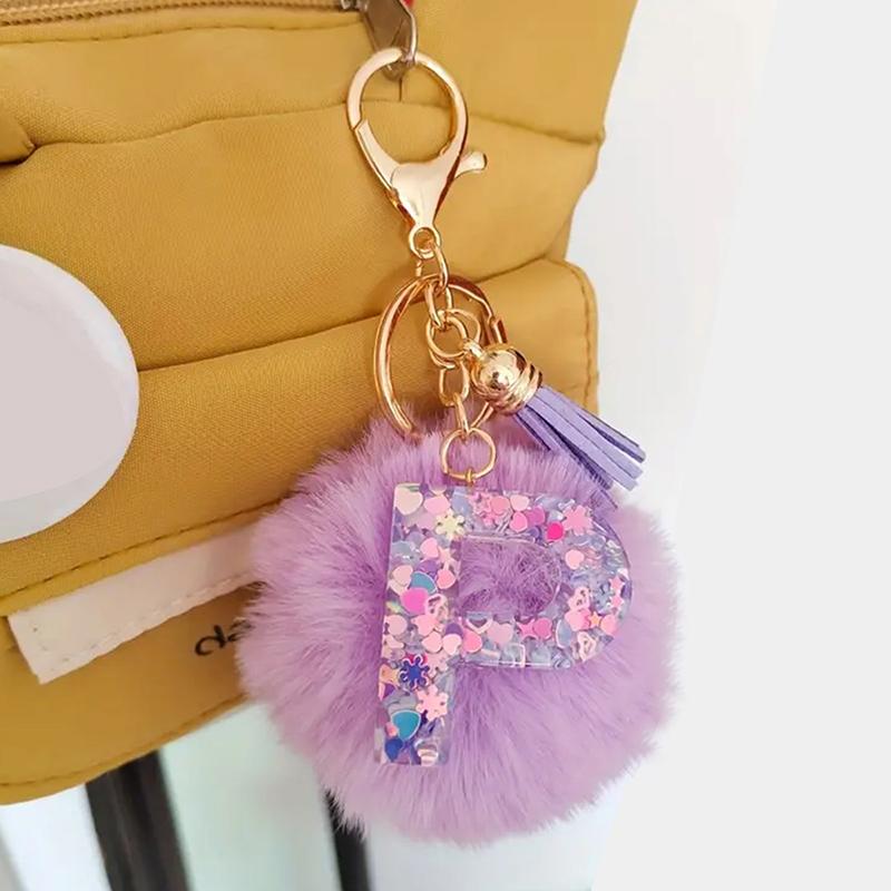 Adorable A-Z Letters Initial Keychain Sparkling Resin Alphabet Fluffy Hairball Pendant Backpack Decoration Accessories Gifts