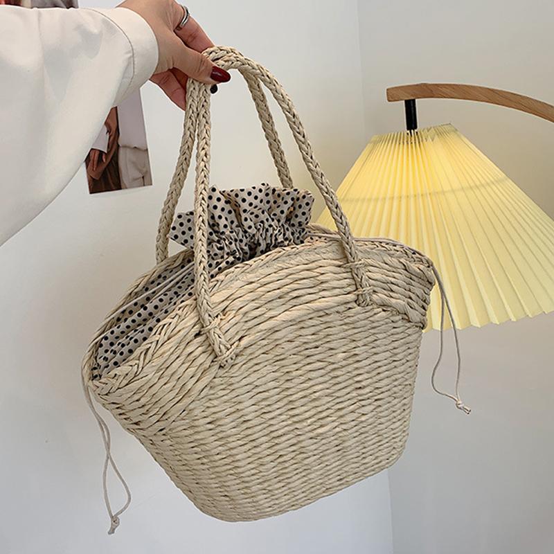 Summer Straw Bag Women Weave Handmade Handbag Drawstring Handle Bag Large Capacity Wave Point Tote Bag Shopping Bags ARI