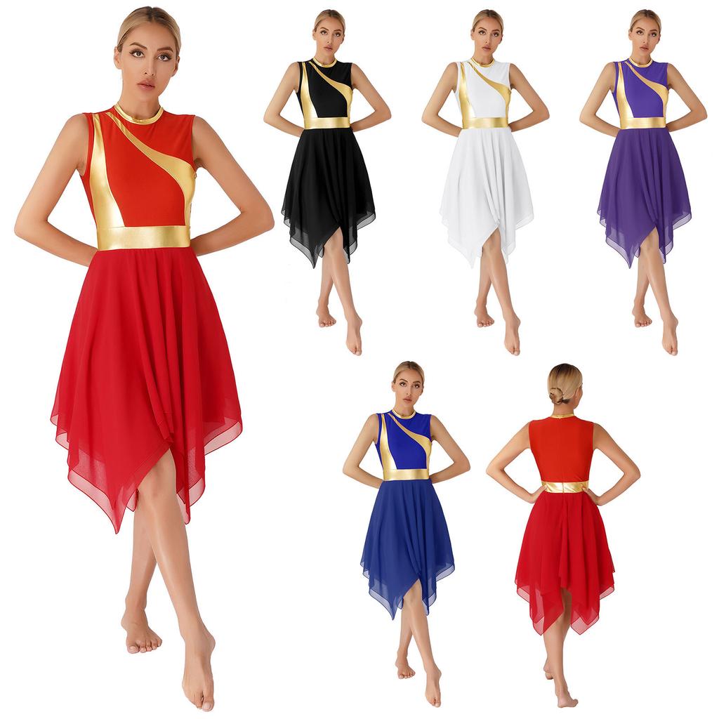 Womens Modern Lyrical Dance Costume Color Block Patchwork Sleeveless Irregular Hem Dress Dancewear