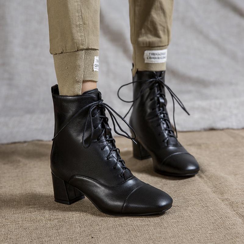 Fashion Women's Ankle Boots Autumn Winter Black White Party Shoes Female Casual Low Heels Short Boot Lace Up Large Size 34- 45