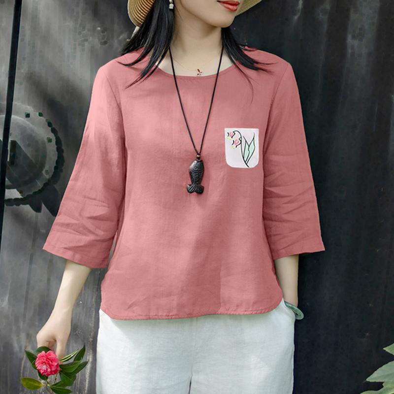 ZANZEA Women Casual Round Neck Loose 3/4 Sleeve Cotton Blouse