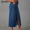 Women Simple Slit Denim Skirt Asymmetrical Vintage Skirt Mid Length Casual Skirt QT2613