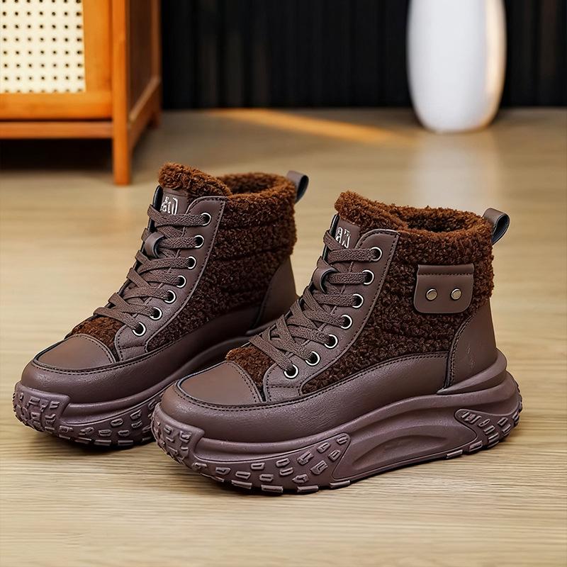 Women's Chunky Platform Snow Boots Winter Warm Faux Fur Lining Ankle Booties Lace-Up Comfortable Anti-Slip PU Leather Short Boots Shoes for Women