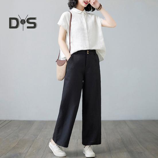 Women Casual Pants Elastic High Waist Buttons Zipper Fly Long Trousers with Pockets Solid Color Straight Wide Leg Slacks Daily Wear