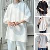 Summer Men T-shirt Round Neck Loose Mid Length Solid Color Waffle Texture Plus Size Half Sleeves Japanese Style Streetwear Outdoor Top