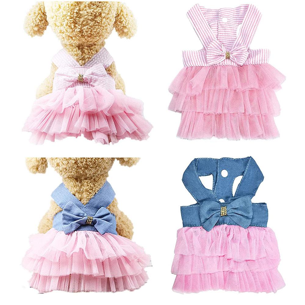 Cute Dog Dresses Striped Mesh Puppy Skirt Pet Princess Dresses Summer Clothes Dog Apparel Doggie Bowknot Dresses for Dogs Cats