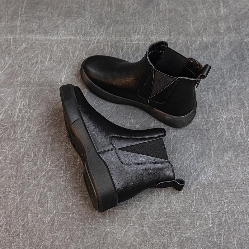 Women's Chunky Heel Retro Leather Chelsea Ankle Boots - Warm, Soft Sole, Handmade Martin Style