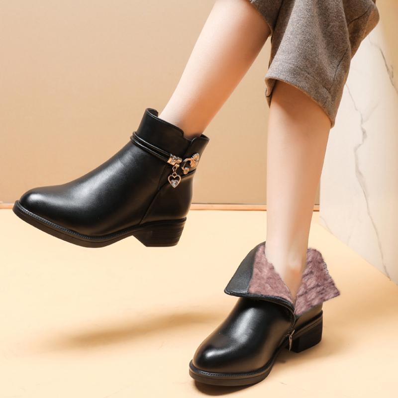Soft Leather Women's Boots Winter Womens Snow Boots Rhinestone Ankle Boots Fashion Thick Heels Women Cotton Shoes Non-slip Botas