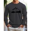 Men's 100% Polyester Loose Fit Comfortable Casual Sports Mountain Reflection Pattern Printed Round Neck Long Sleeved T-shirt