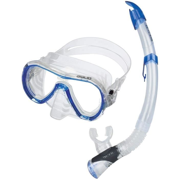 SEAC Giglio Valve Set De Plongée Et Snorkeling En Silicone, Tuba Avec Purge De Evacuation Adulte Mixte, Bleu, Standard