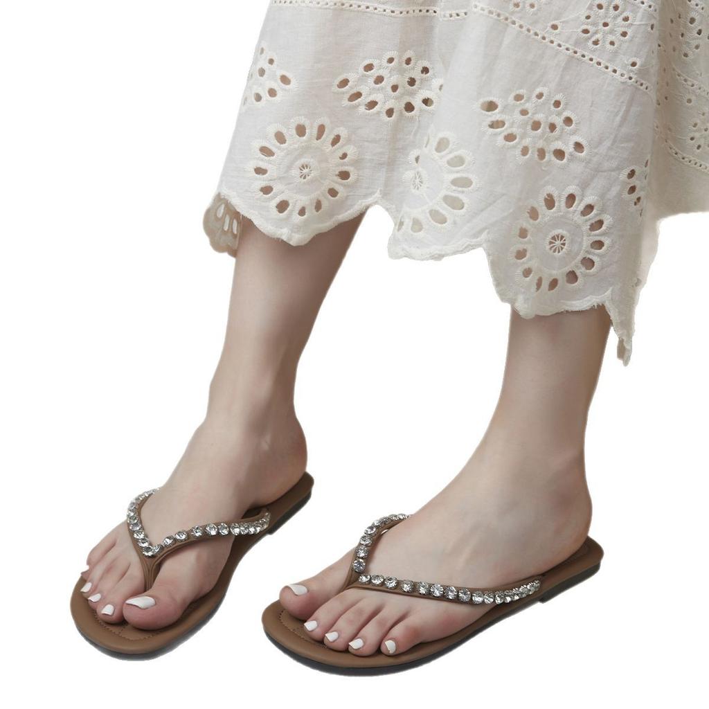 2025 Soft-bottomed Cool Slippers 2024 Summer New Korean Version Bright Diamond Flip-flops Flat-bottomed Large-size Beach Slippers